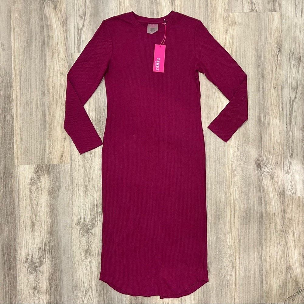 Nwt Terez Long Sleeve Ribbed Bodycon High Neck Midi Dress Raspberry Pink Size L